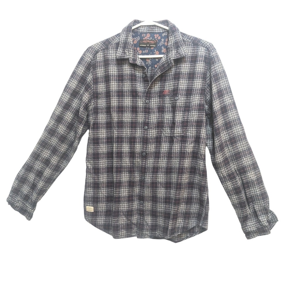 Ed Hardy Shirt Men M Plaid Flannel Button‎ Front Long Sleeve Cotton Casual
